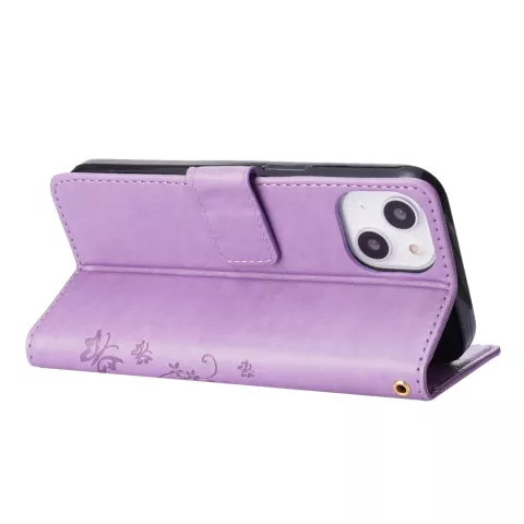 &Eacute;tui portefeuille en cuir artificiel avec plantes et papillons compatible avec iPhone 13 mini - violet