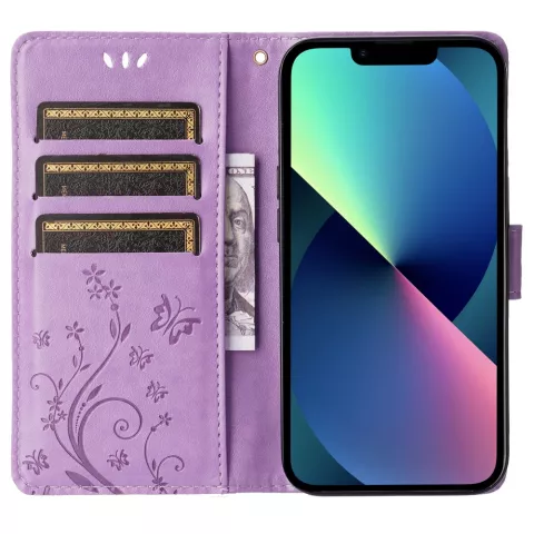 &Eacute;tui portefeuille en cuir artificiel avec plantes et papillons compatible avec iPhone 13 mini - violet