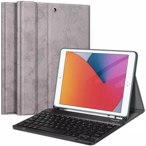 Just in Case Vintage Bluetooth Keyboard QWERTY Housse en cuir artificiel compatible avec iPad 10.2 (2019 2020 2021) - gris