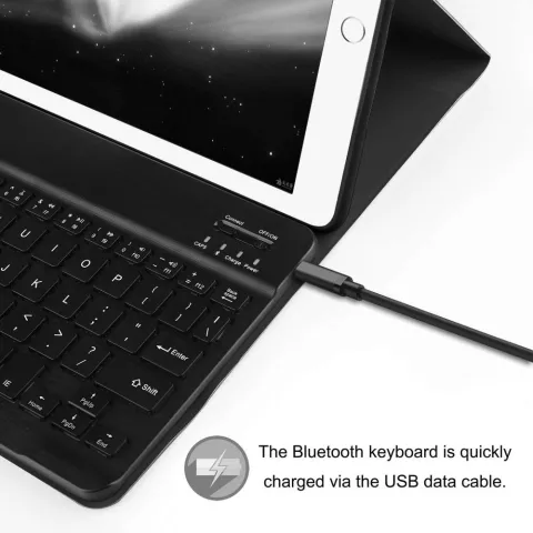 Just in Case Premium Bluetooth Keyboard QWERTY Housse en cuir artificiel compatible avec iPad 9.7 (2017 2018) - noir