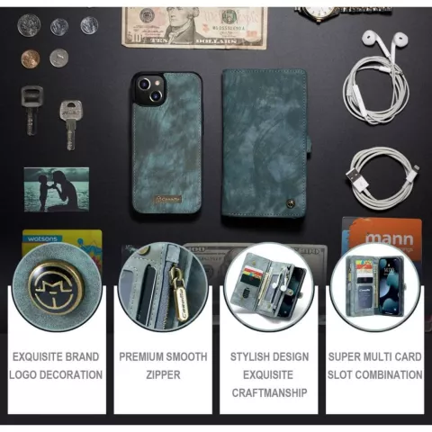 Caseme Retro Wallet &eacute;tui en cro&ucirc;te de cuir compatible avec iPhone 13 - bleu