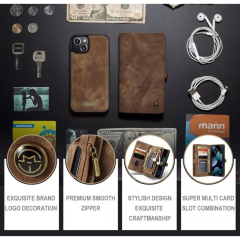 Caseme Retro Wallet &eacute;tui en cro&ucirc;te de cuir compatible avec iPhone 13 - marron