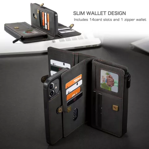 Caseme Luxe XL &Eacute;tui portefeuille en cro&ucirc;te de cuir compatible avec iPhone 13 - noir