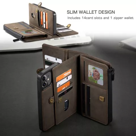 &Eacute;tui portefeuille en cuir fendu Caseme Luxe XL Wallet pour iPhone 13 - marron