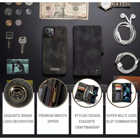 Caseme Retro Wallet &eacute;tui en cro&ucirc;te de cuir compatible avec iPhone 13 mini - noir