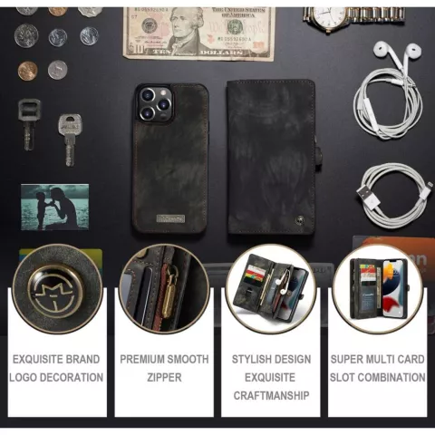 &Eacute;tui en cuir fendu Caseme Retro Wallet pour iPhone 13 Pro - noir