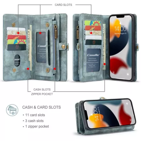 &Eacute;tui en cuir fendu Caseme Retro Wallet pour iPhone 13 Pro Max - bleu