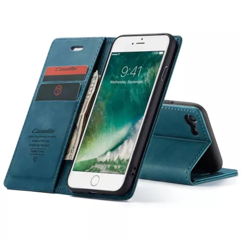 Caseme Slim Retro Wallet &eacute;tui en cuir artificiel compatible avec iPhone 7, iPhone 8 et iPhone SE 2020 SE 2022 - bleu