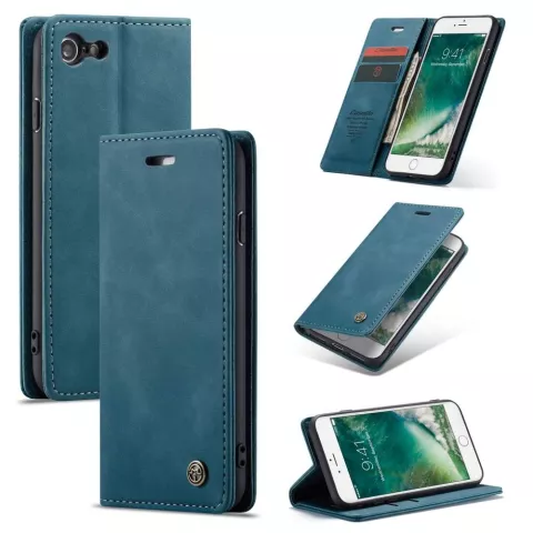 Caseme Slim Retro Wallet &eacute;tui en cuir artificiel compatible avec iPhone 7, iPhone 8 et iPhone SE 2020 SE 2022 - bleu