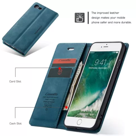 Caseme Slim Retro Wallet &eacute;tui en cuir artificiel compatible avec iPhone 7, iPhone 8 et iPhone SE 2020 SE 2022 - bleu