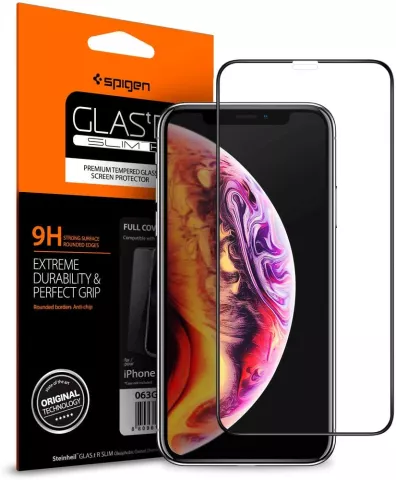 Protecteur d&#039;&eacute;cran Spigen Glass FC HD pour iPhone X XS et 11 Pro - Noir