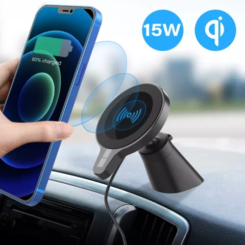 Chargeur Qi sans fil magn&eacute;tique 15W et support de t&eacute;l&eacute;phone pour tableau de bord de voiture