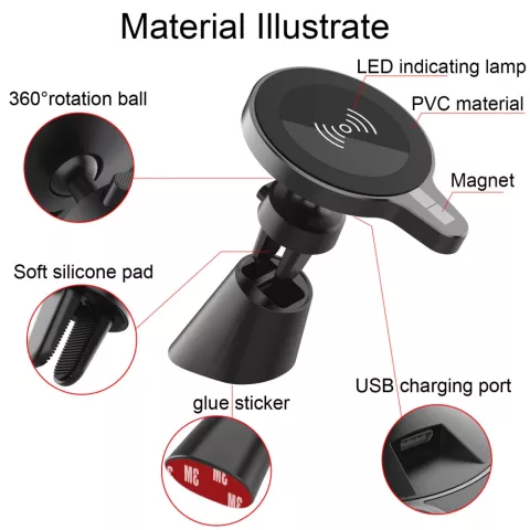 Chargeur magn&eacute;tique sans fil Qi 15W et support de t&eacute;l&eacute;phone pour tableau de bord et grille de ventilation de voiture