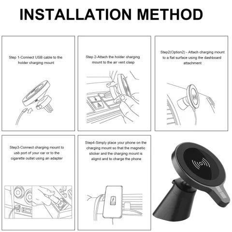 Chargeur magn&eacute;tique sans fil Qi 15W et support de t&eacute;l&eacute;phone pour tableau de bord et grille de ventilation de voiture
