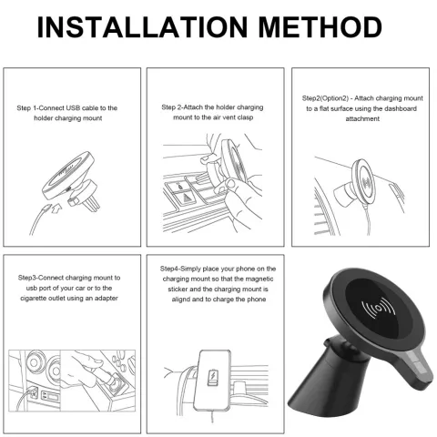 Chargeur Qi sans fil magn&eacute;tique 15W et support de t&eacute;l&eacute;phone pour tableau de bord de voiture