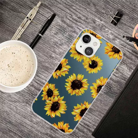 Coque TPU Tournesol avec tournesols compatible avec iPhone 14 - transparente et jaune