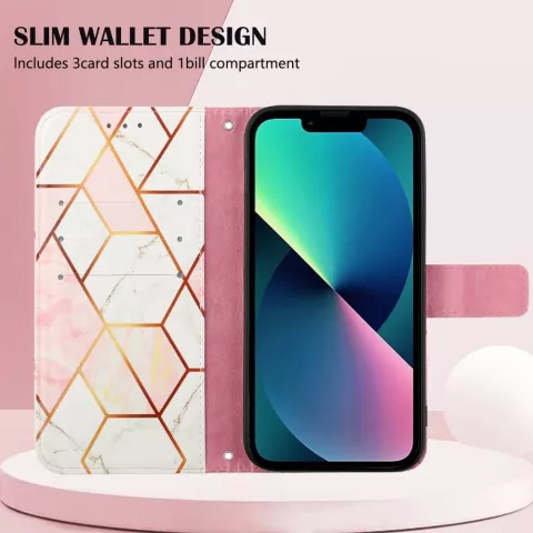 &Eacute;tui en simili cuir Rose Marble Wallet pour iPhone 14 - blanc et rose