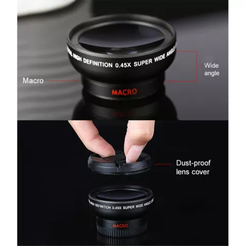 Kit d&#039;objectif de cam&eacute;ra de t&eacute;l&eacute;phone, objectif &agrave; clipser 2 en 1, ultra grand Angle 0,45x + objectif Macro HD