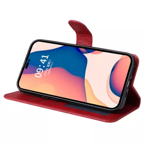 &Eacute;tui portefeuille en cuir artificiel Bookcase compatible avec iPhone 14 Pro - rouge