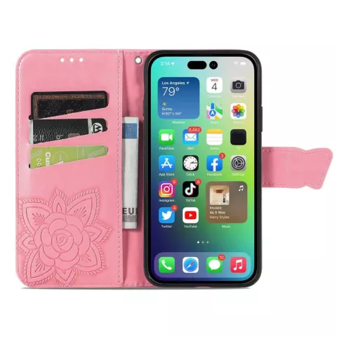 &Eacute;tui en cuir artificiel Vlinder Wallet compatible avec iPhone 14 Pro - rose
