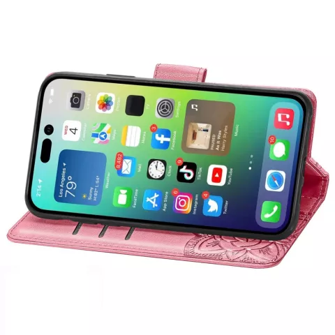 &Eacute;tui en cuir artificiel Vlinder Wallet compatible avec iPhone 14 Pro - rose
