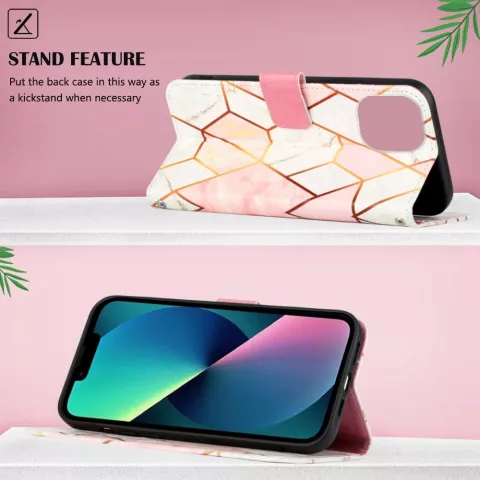 &Eacute;tui en similicuir Rose Marble Wallet pour iPhone 14 Pro - blanc et rose