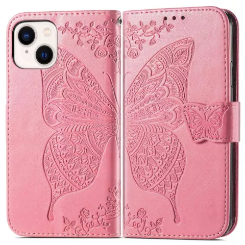 &Eacute;tui portefeuille en similicuir papillon pour iPhone 14 Plus - Rose