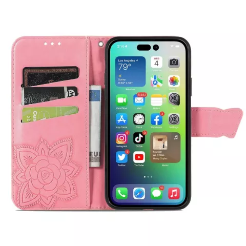 &Eacute;tui portefeuille en similicuir papillon pour iPhone 14 Plus - Rose