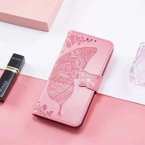 &Eacute;tui portefeuille en similicuir papillon pour iPhone 14 Plus - Rose