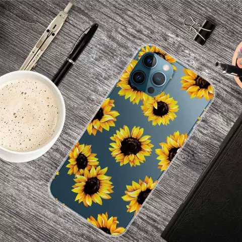 Coque TPU Tournesol avec tournesols compatible avec iPhone 14 Pro Max - transparente et jaune