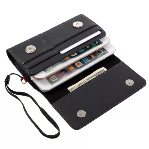 Pochette De Couverture De Sac Universelle Pour 2 T&eacute;l&eacute;phones Argent Et Cartes Avec Support De Clip De Ceinture - Noir