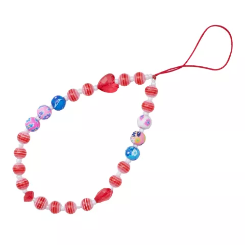 Cordon de bracelet en perles rouges pour t&eacute;l&eacute;phone avec coeurs