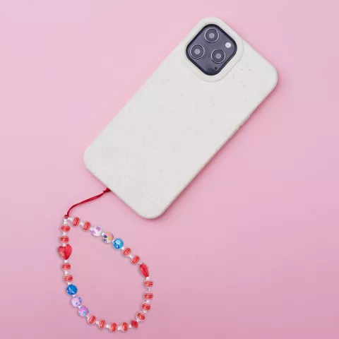Cordon de bracelet en perles rouges pour t&eacute;l&eacute;phone avec coeurs