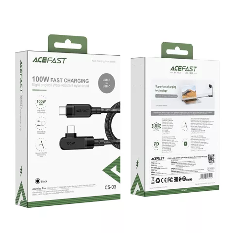 C&acirc;ble de chargement pour ordinateur portable Acefast USB-C 100W PD 2 m&egrave;tres avec angle droit - Noir