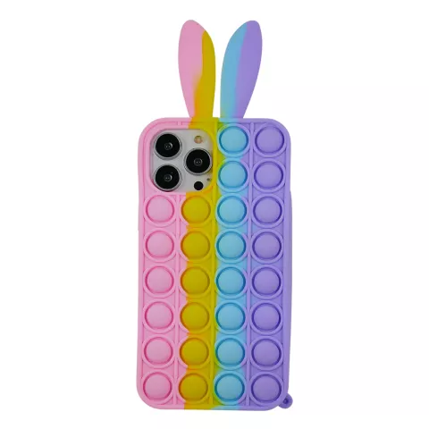 Coque en silicone Bunny Pop Fidget Bubble pour iPhone 14 Pro - rose, jaune, bleu et violet