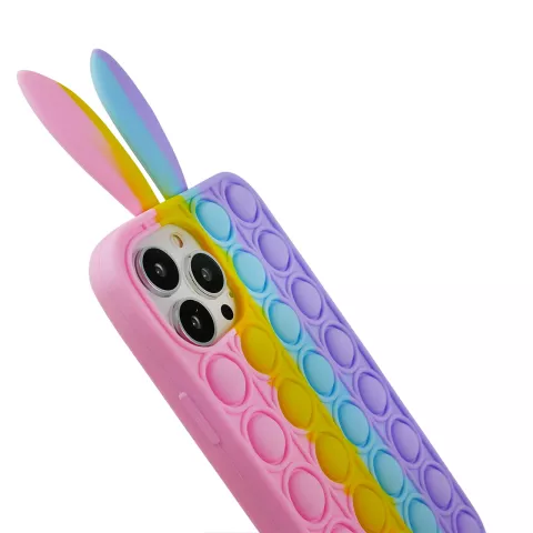 Coque en silicone Bunny Pop Fidget Bubble pour iPhone 14 Pro Max - rose, jaune, bleu et violet