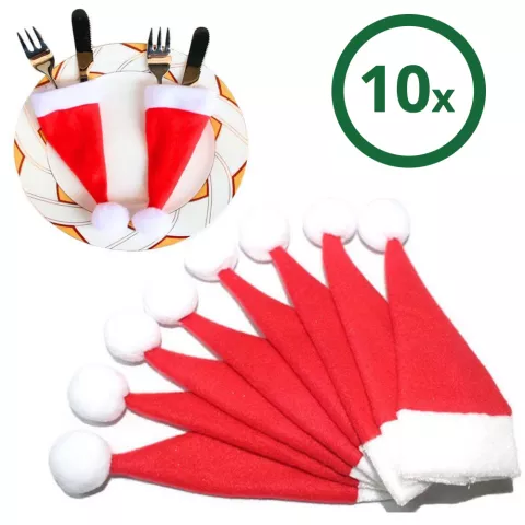 10 Pi&egrave;ces Mini Chapeau de P&egrave;re No&euml;l D&eacute;coration pour Couverts ou Pic - Rouge et Blanc