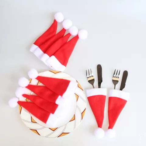 10 Pi&egrave;ces Mini Chapeau de P&egrave;re No&euml;l D&eacute;coration pour Couverts ou Pic - Rouge et Blanc