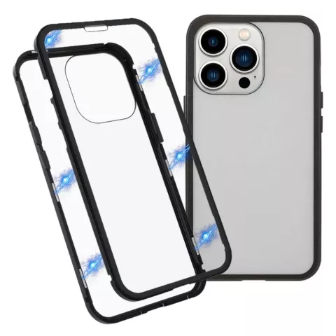 Coque Just in Case Magnetic Metal Tremp&eacute; Glass Cover pour iPhone 13 Pro - noire et transparente