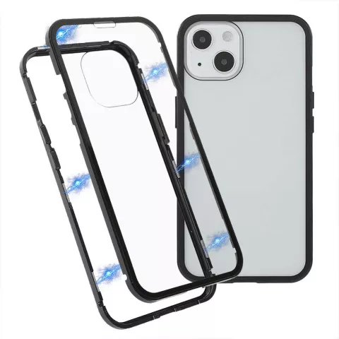Just in Case Coque en Verre Tremp&eacute; Magn&eacute;tique en M&eacute;tal compatible avec iPhone 13 mini - noir et transparent