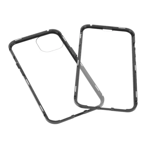Just in Case Coque en Verre Tremp&eacute; Magn&eacute;tique en M&eacute;tal compatible avec iPhone 13 mini - noir et transparent