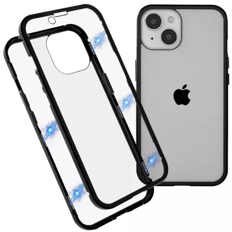 Coque Just in Case Magnetic Metal Tremp&eacute; Glass Cover pour iPhone 14 - noire et transparente