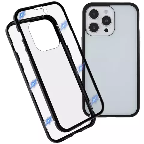 Just in Case Coque en Verre Tremp&eacute; Magn&eacute;tique en M&eacute;tal compatible avec iPhone 14 Pro - Noir et Transparent