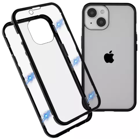 Just in Case Coque en Verre Tremp&eacute; Magn&eacute;tique en M&eacute;tal compatible avec iPhone 14 Plus - Noir et Transparent