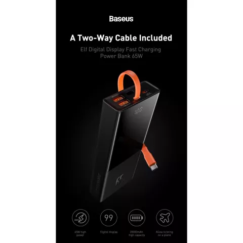 Baseus Elf 20000mAh PowerBank 65W USB-C Charge rapide pour ordinateur portable, t&eacute;l&eacute;phone et tablette