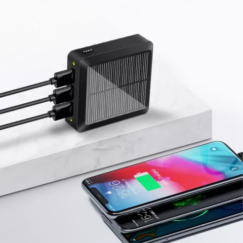 Chargeur Solaire Solar Power Bank 10000mAh 3 Ports USB-A avec USB-C et Micro-USB - Noir
