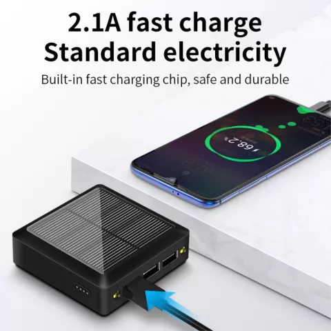 Solar Powerbank Chargeur Solaire 10000mAh 3 Ports USB-A avec USB-C et Micro-USB - Noir