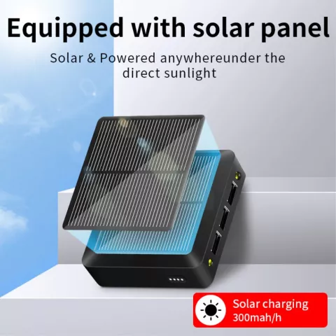Solar Powerbank Chargeur Solaire 10000mAh 3 Ports USB-A avec USB-C et Micro-USB - Noir