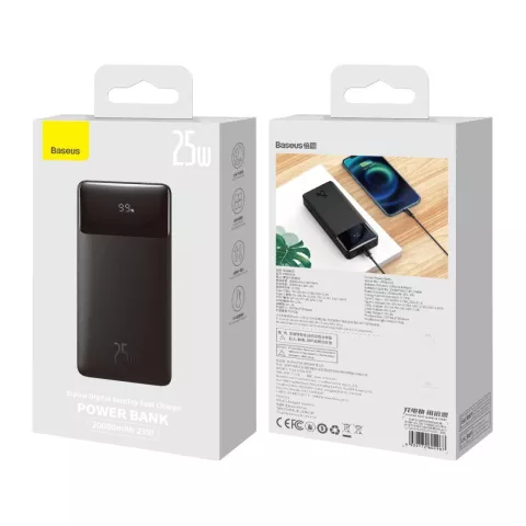 Baseus Bipow Power Bank 20000mAh 25W Charge Rapide Double Port et C&acirc;ble USB-A et USB-C - Noir