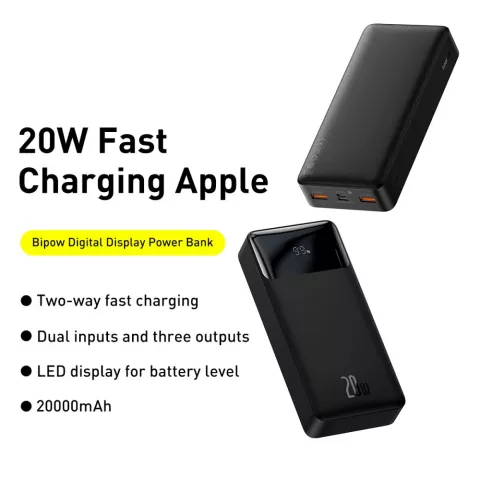 Baseus Bipow Power Bank 20000mAh 20W Charge Rapide Double USB-A et USB-C - Noir
